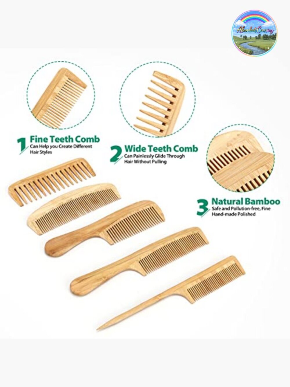 5 Bamboo Anti-Static Hair Combs Set: Wide Tooth, Rat Tail, Fine Tooth for - Picture 2 of 6
